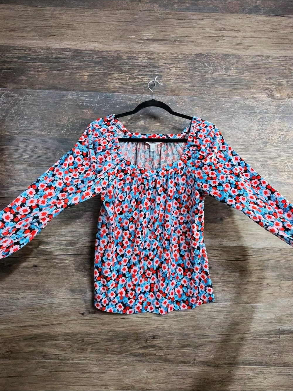 POPSUGAR Floral Square-Neck Blouse in Red & Blue